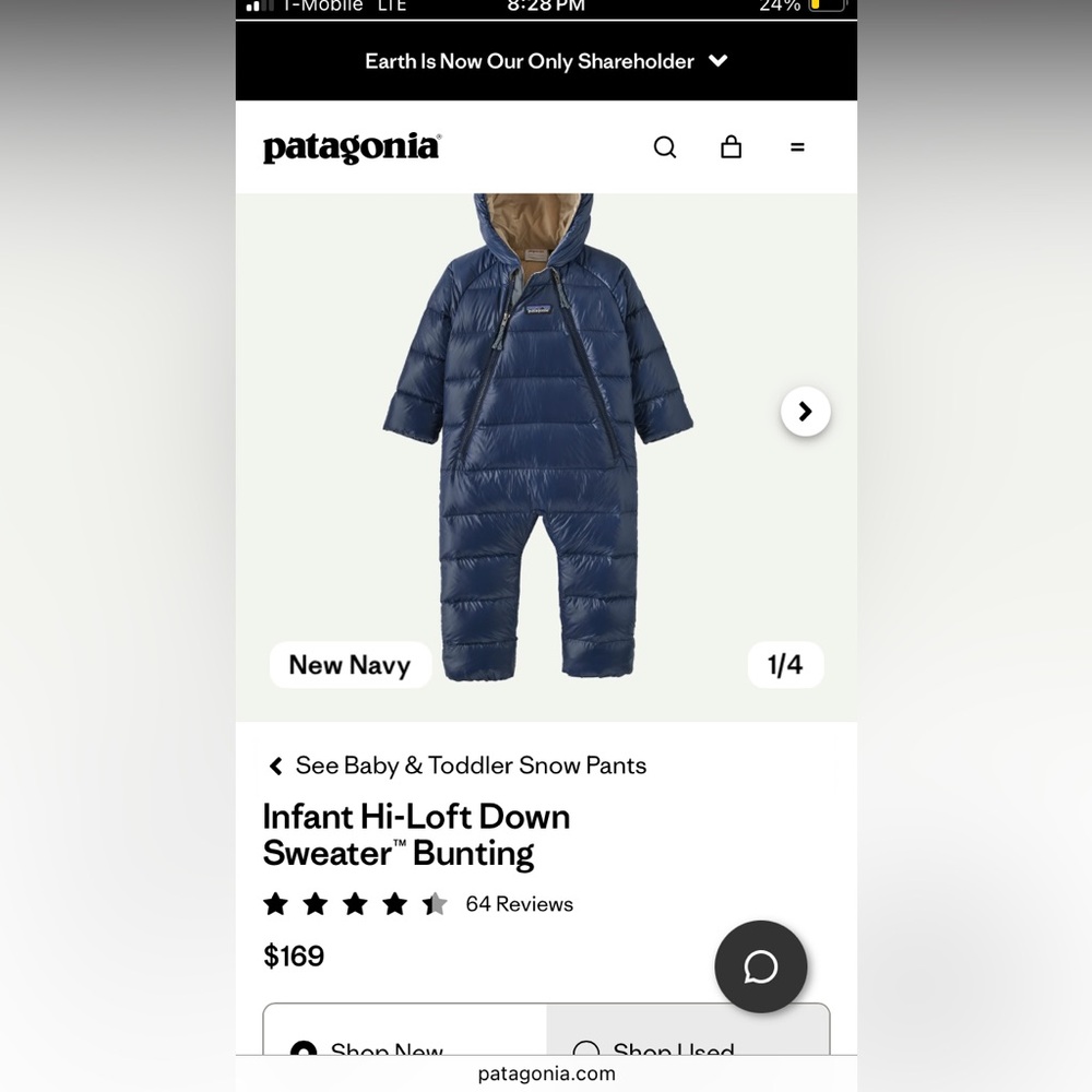 Patagonia infant hi-loft bunting 0-3 months